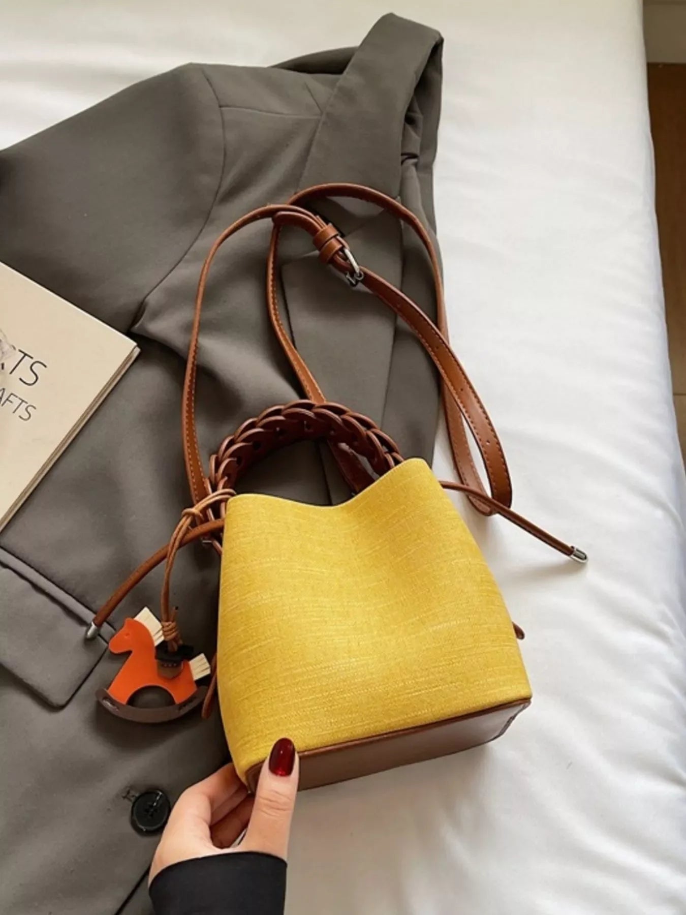 Braided Top Handle Bucket Crossbody Bag - Trendsi - Flyclothing LLC