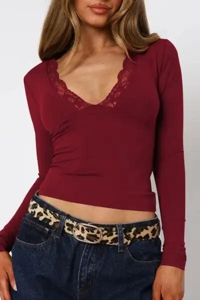 Lace Detail V-Neck Long Sleeve T-Shirt - Trendsi