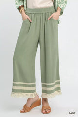 Umgee Lace Trim Fringe Hem Wide Leg Pants - Trendsi - Flyclothing LLC