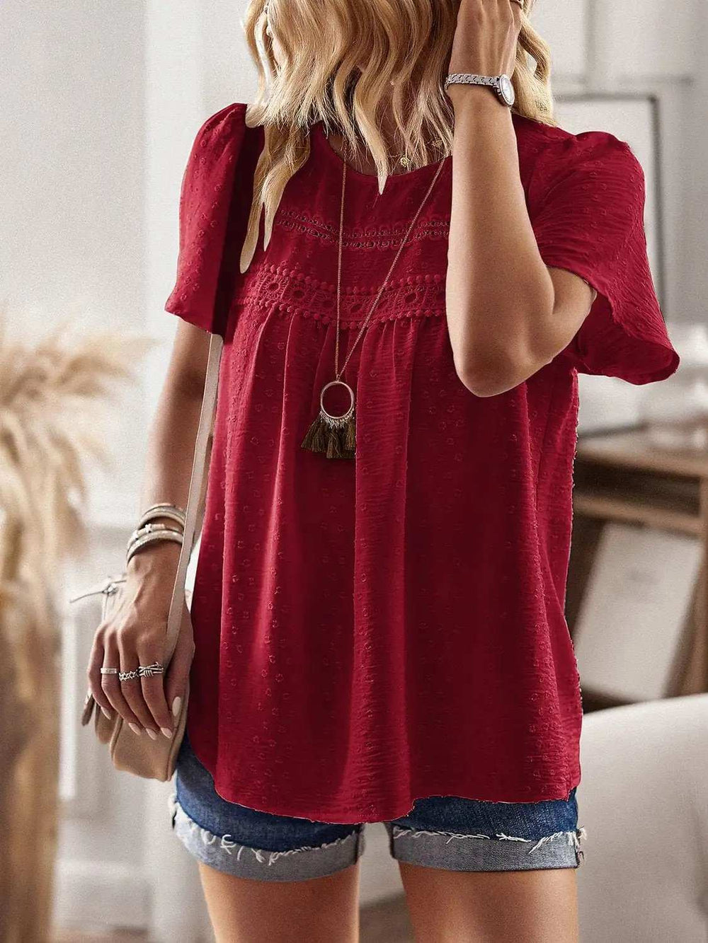 Lace Detail Round Neck Short Sleeve Blouse - Trendsi - Flyclothing LLC