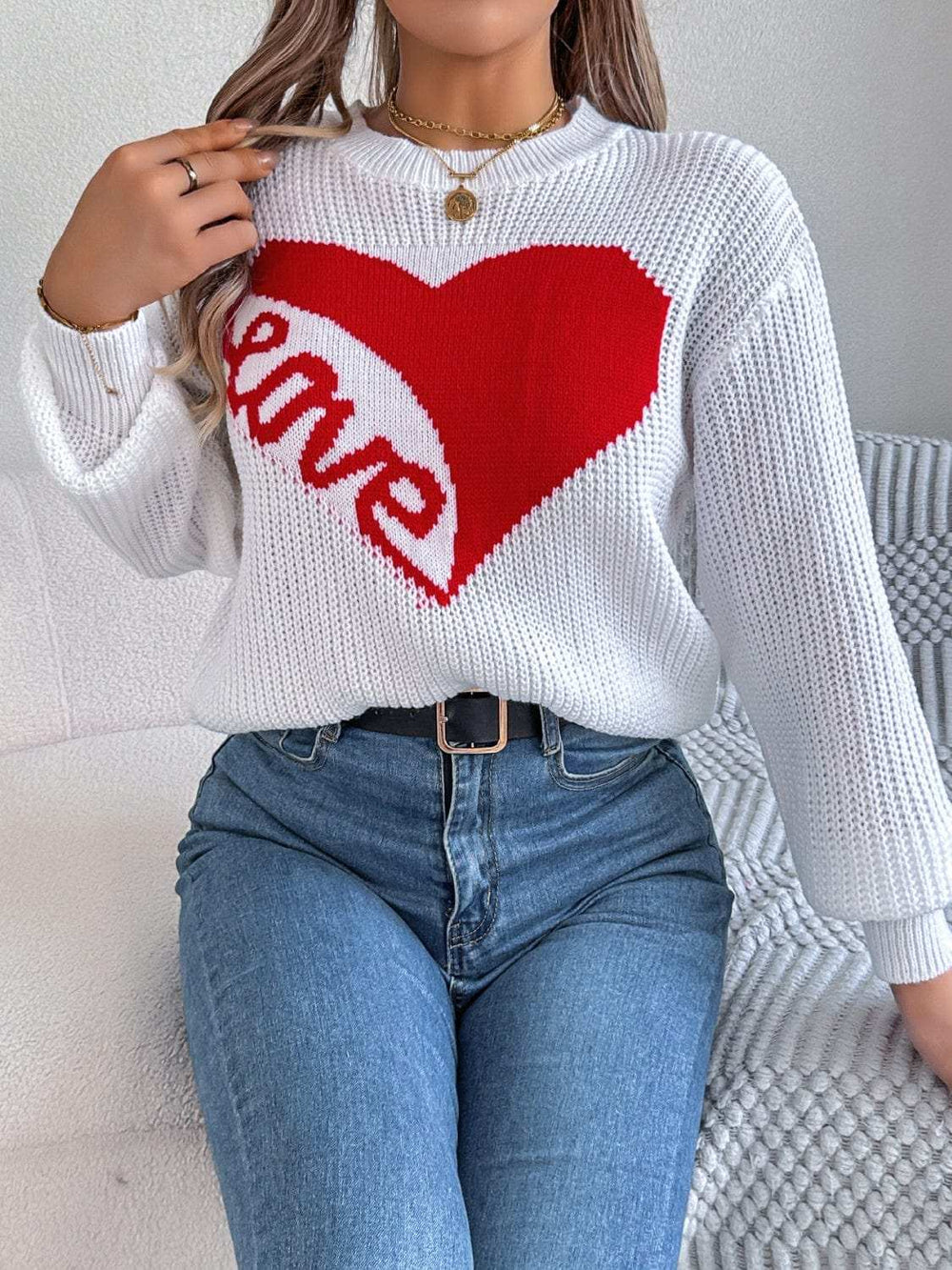 LOVE Heart Round Neck Dropped Shoulder Sweater - Trendsi - Flyclothing LLC