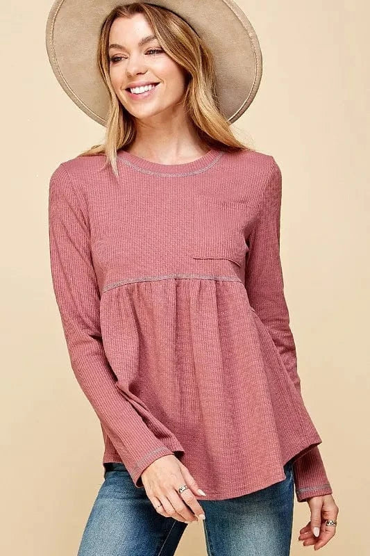 Lime 'N' Chili Waffle Knit Babydoll Top with Left Pocket Detail - Trendsi