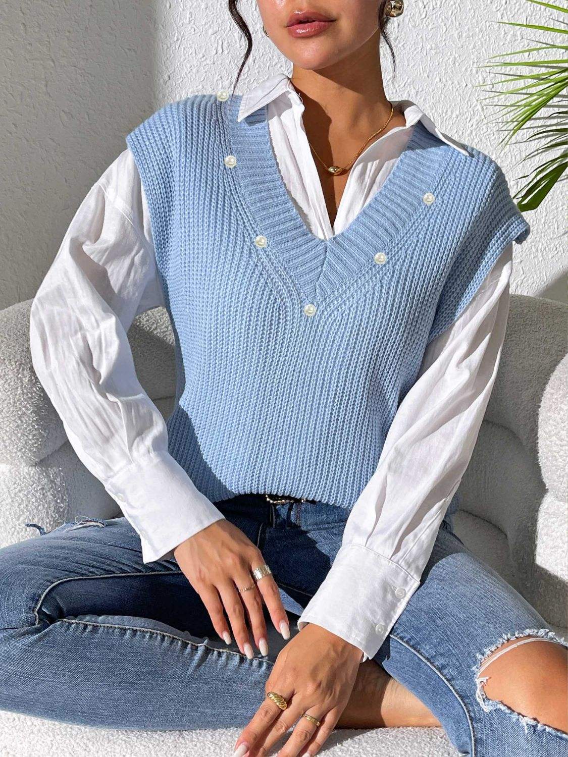 Pearl Trim V-Neck Sweater Vest - Trendsi - Flyclothing LLC