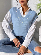 Pearl Trim V-Neck Sweater Vest - Trendsi - Flyclothing LLC