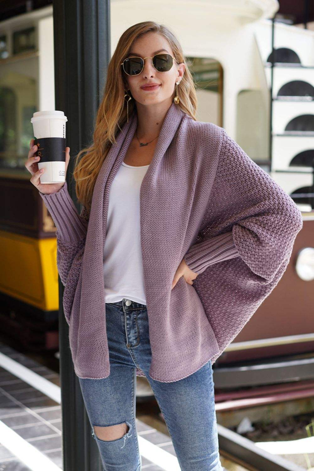 Open Front Batwing Sleeve Cardigan - Trendsi - Flyclothing LLC