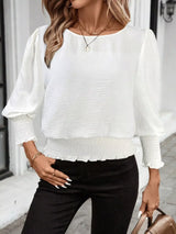Smocked Waist Round Neck Blouse - Trendsi - Flyclothing LLC
