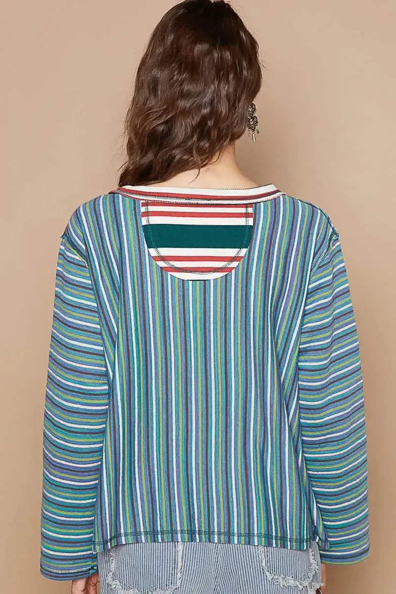 POL Color Block Striped Round Neck Long Sleeve T-Shirt - Trendsi - Flyclothing LLC