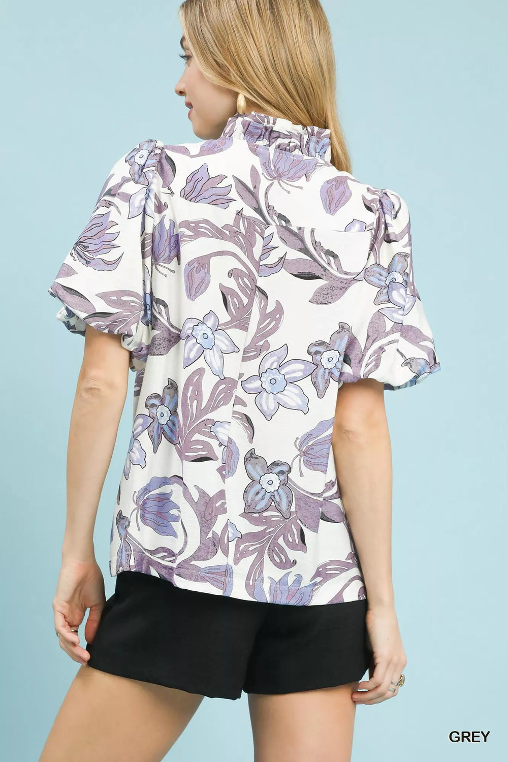 Umgee Lush Blossom Print Puff Sleeve Top with Ruffle Trim Detail - Trendsi - Flyclothing LLC