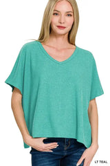 Zenana Ribbed V-Neck Short-Sleeve Knit Top - Trendsi - Flyclothing LLC