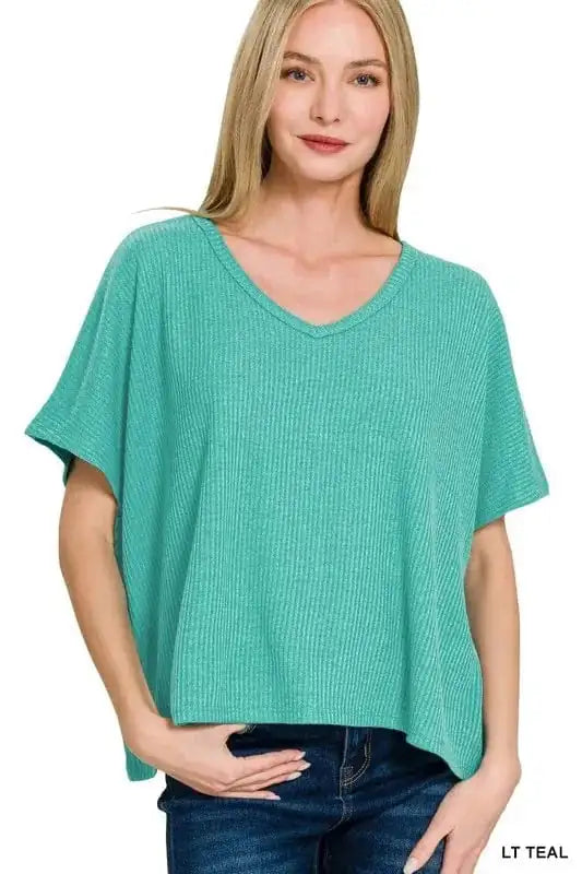 Zenana Ribbed V-Neck Short-Sleeve Knit Top - Trendsi