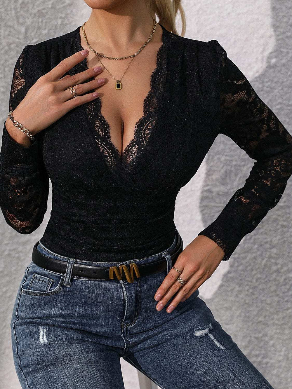 Lace Plunge Long Sleeve Bodysuit - Trendsi - Flyclothing LLC