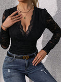 Lace Plunge Long Sleeve Bodysuit - Trendsi