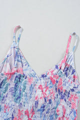 Floral Spaghetti Strap Surplice Neck Shirred Waist Mini Dress - Trendsi - Flyclothing LLC