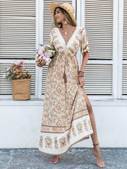 Drawstring Printed Plunge Half Sleeve Dress - Trendsi