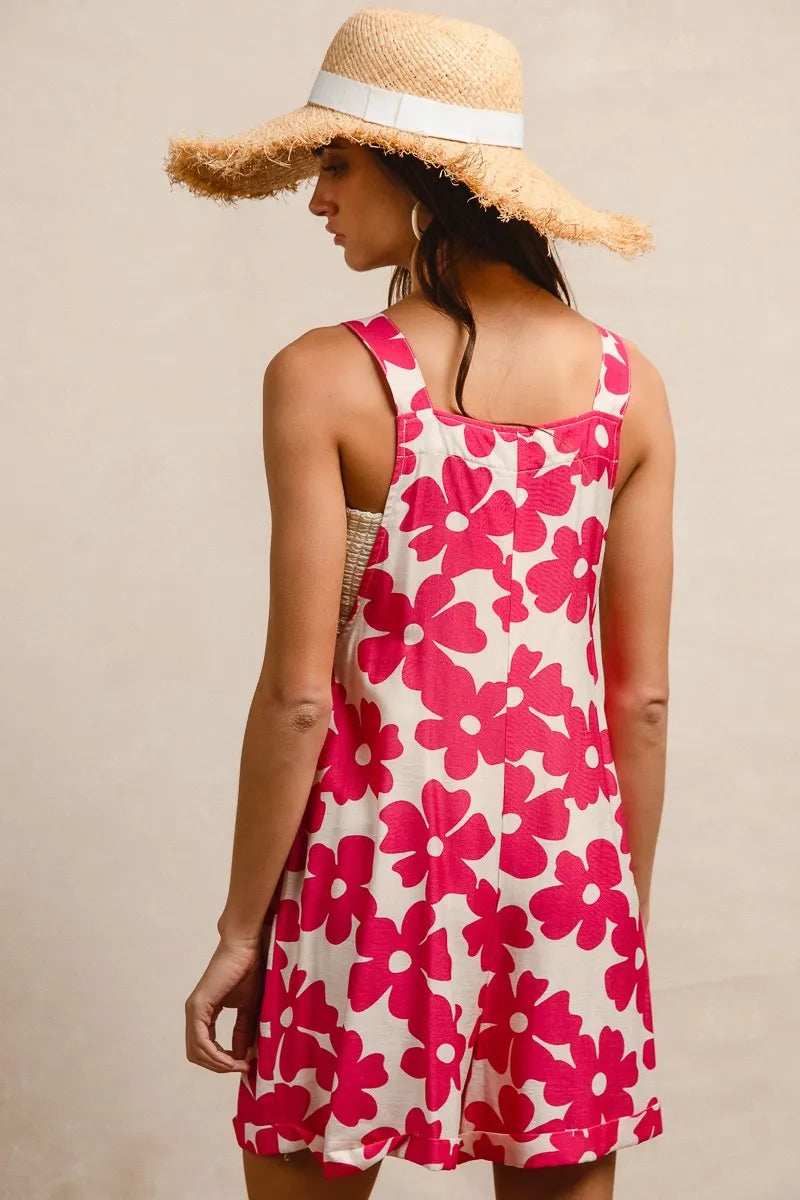 BiBi Floral Prints Tuck Detail Short Overall With Pockets - Trendsi - Flyclothing LLC