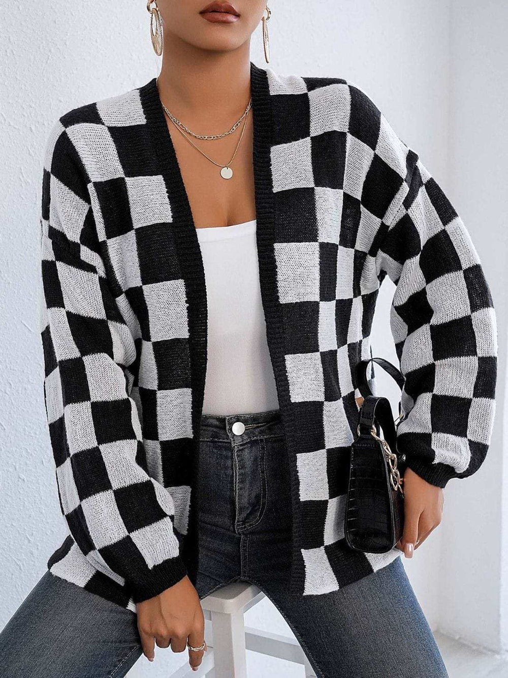Checkered Open Front Long Sleeve Cardigan - Trendsi - Flyclothing LLC