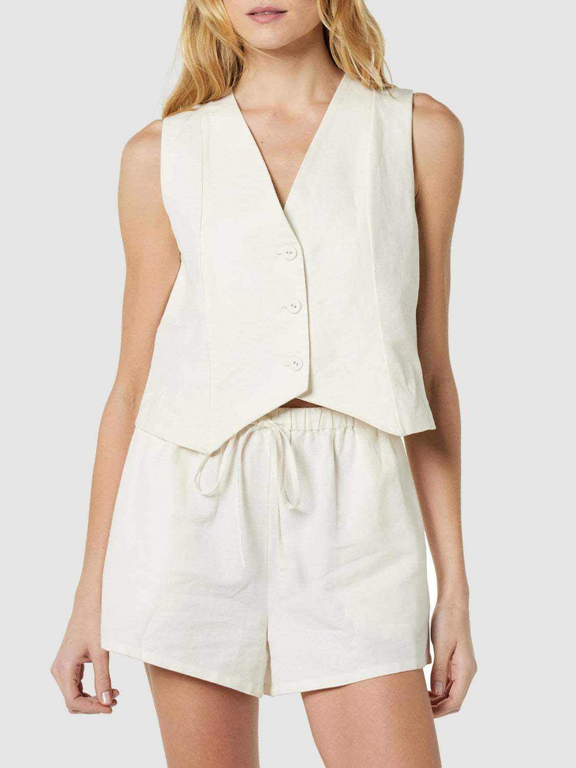 Button Up V-Neck Top and Pocketed Shorts Set - Trendsi - Flyclothing LLC