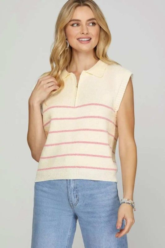 She + Sky Full Size Ribbed Hem Striped Half Zip Sweater Vest Plus Size - Trendsi - Flyclothing LLC