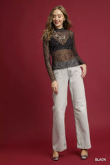 Umgee Nylon Lace Mesh Long Sleeve Top - Trendsi - Flyclothing LLC