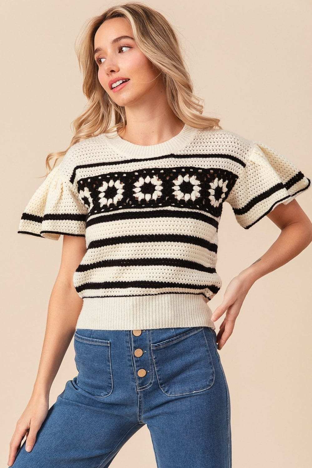 BiBi Granny Square Short Sleeve Striped Sweater - Trendsi - Flyclothing LLC