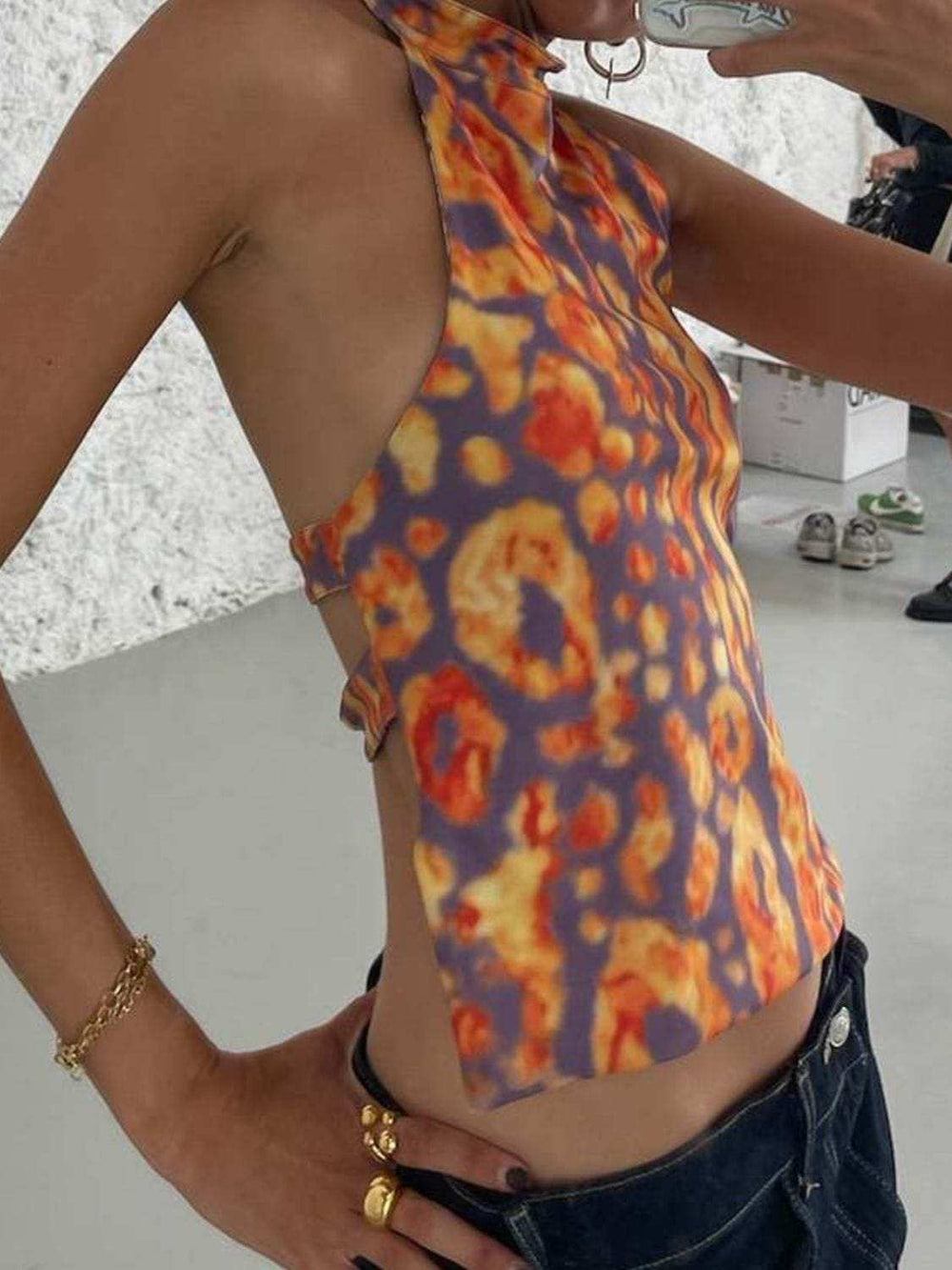 Backless Printed Halter Neck Tank - Trendsi - Flyclothing LLC