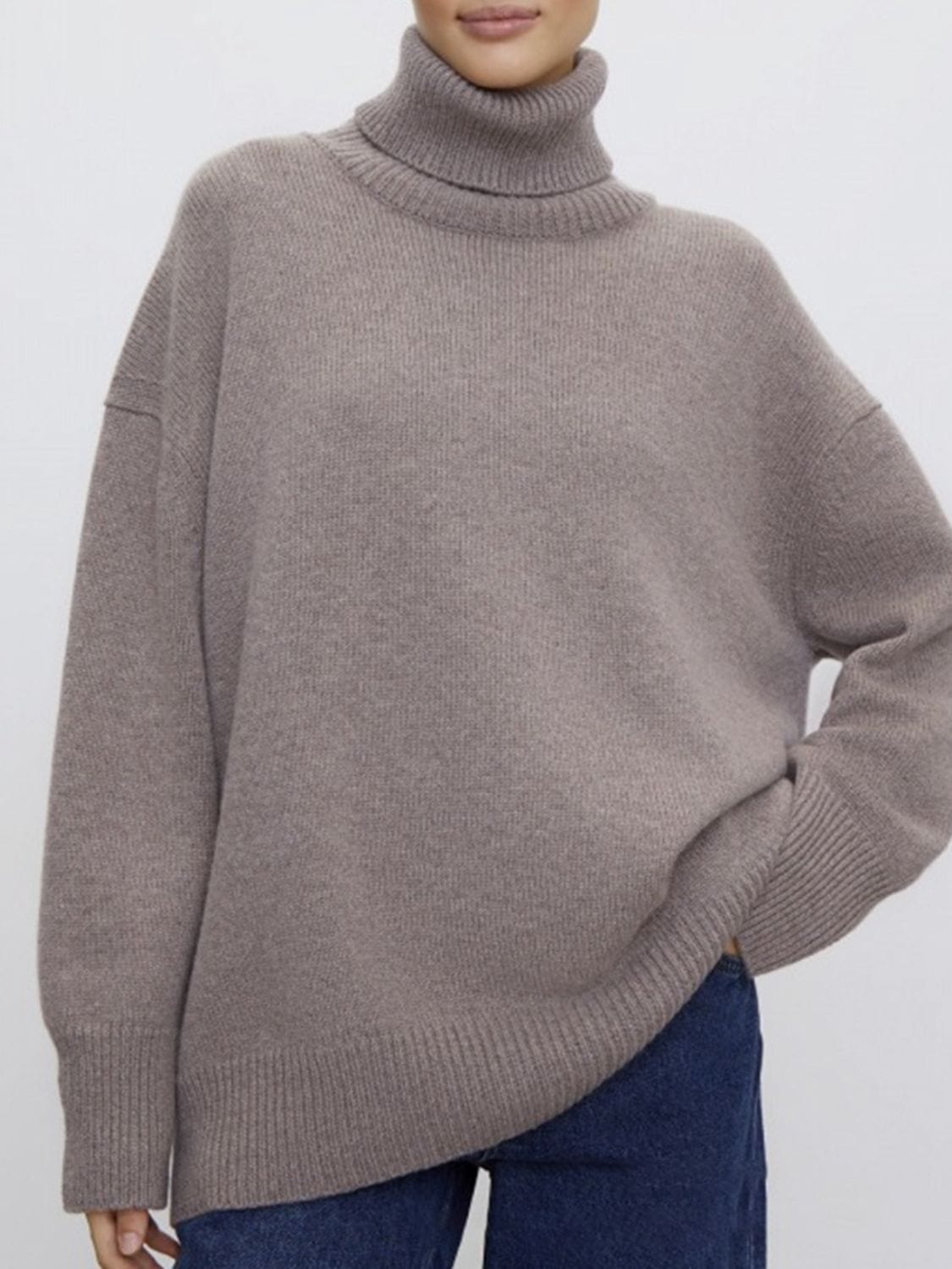 Ribbed Detail Turtleneck Dropped Shoulder Sweater - Trendsi