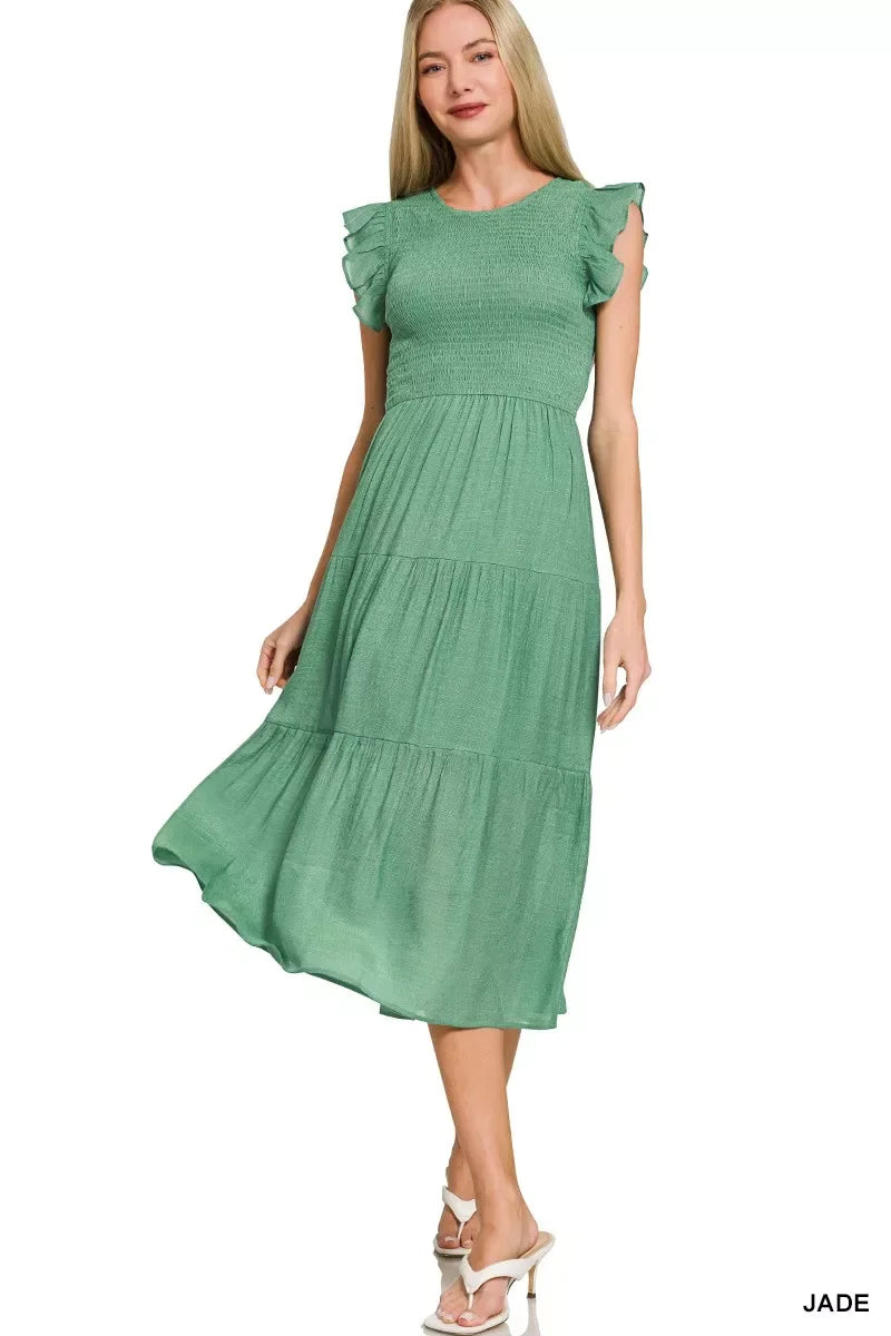 Zenana Woven Smocked Ruffle Sleeve Midi Dress - Trendsi - Flyclothing LLC