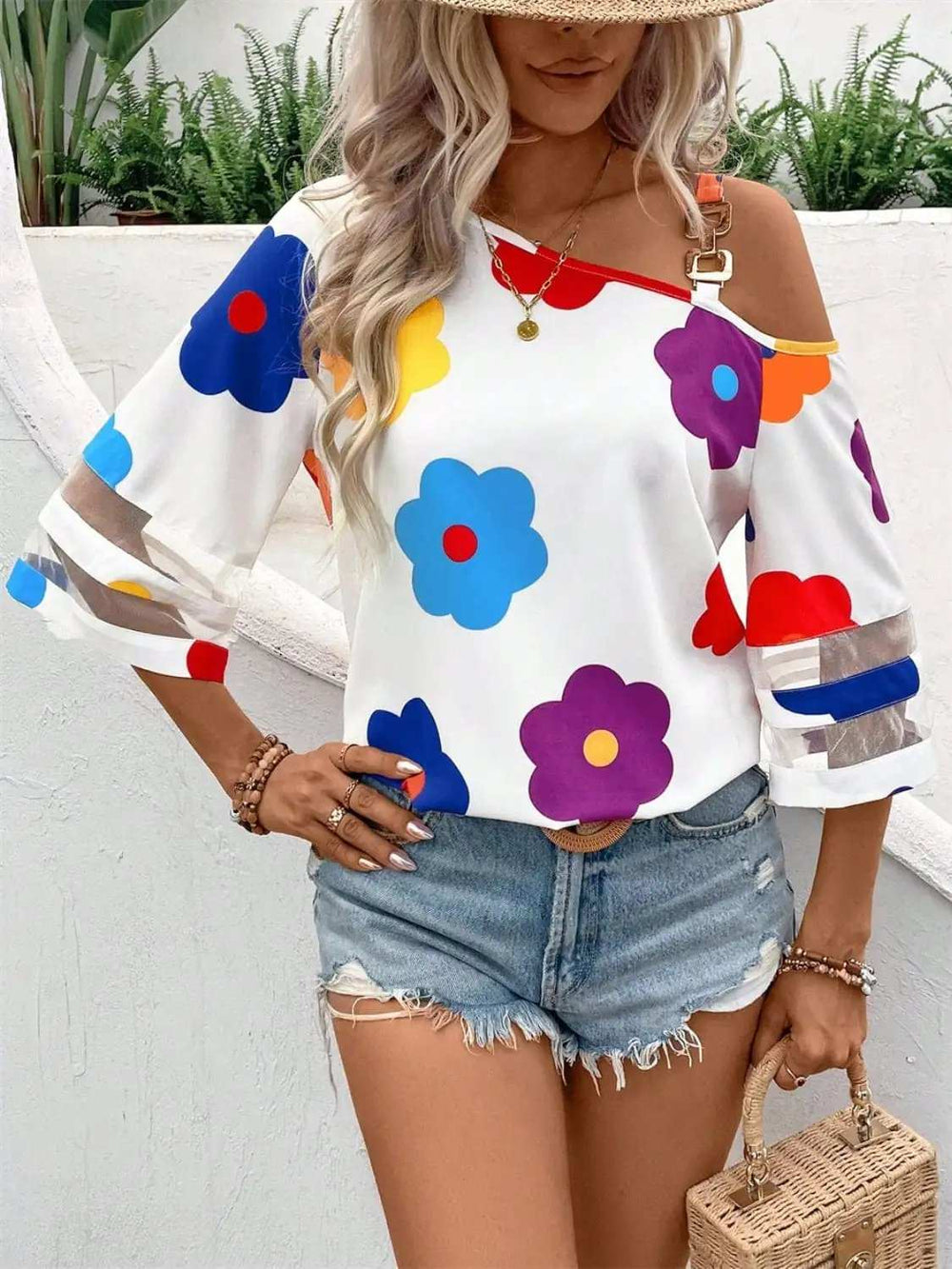 Flower Asymmetrical Neck Blouse - Trendsi - Flyclothing LLC