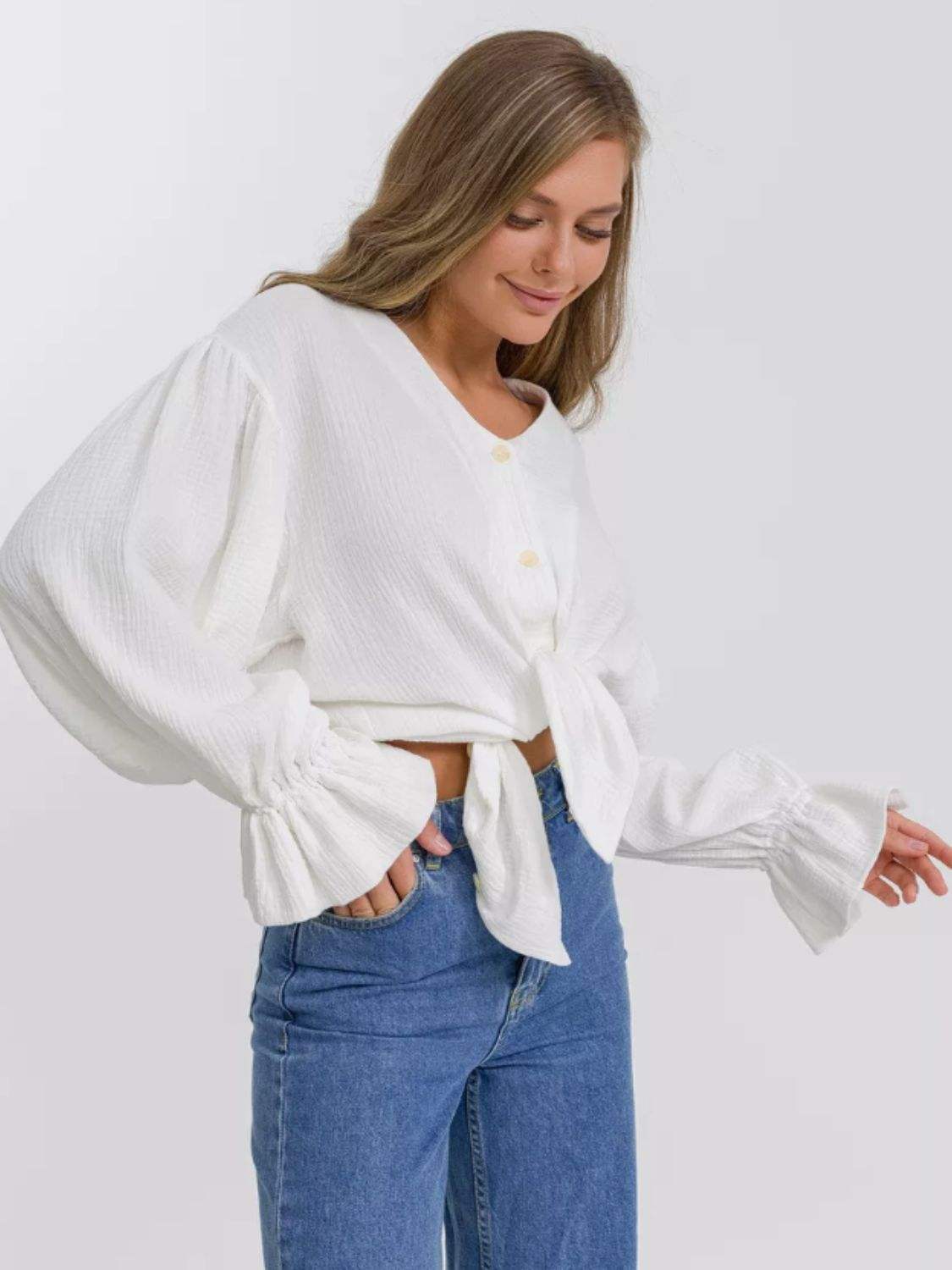 Button Up Flounce Sleeve Shirt - Trendsi - Flyclothing LLC