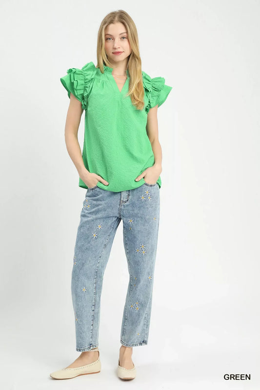 Umgee Textured Ruffle Sleeve Notched Top - Trendsi - Flyclothing LLC