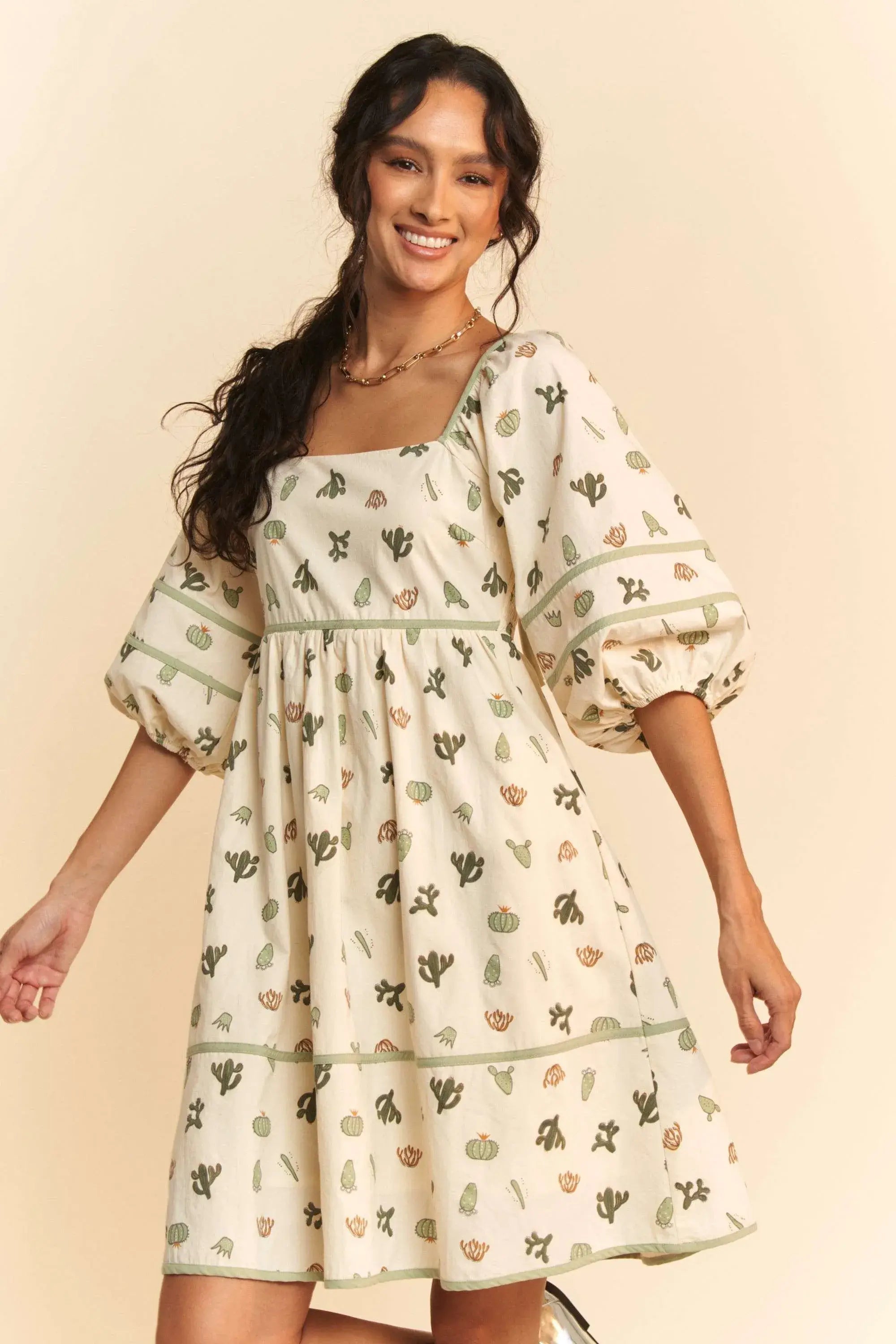 Davi & Dani Cactus Printed Poplin Contrast Piping Mini Dress - Trendsi - Flyclothing LLC