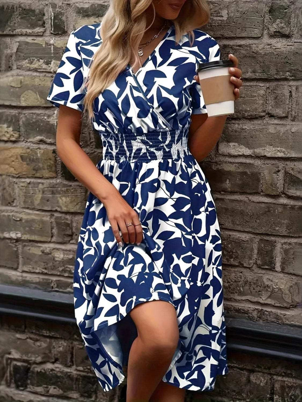 Printed Smocked Surplice Short Sleeve Dress - Trendsi - Flyclothing LLC