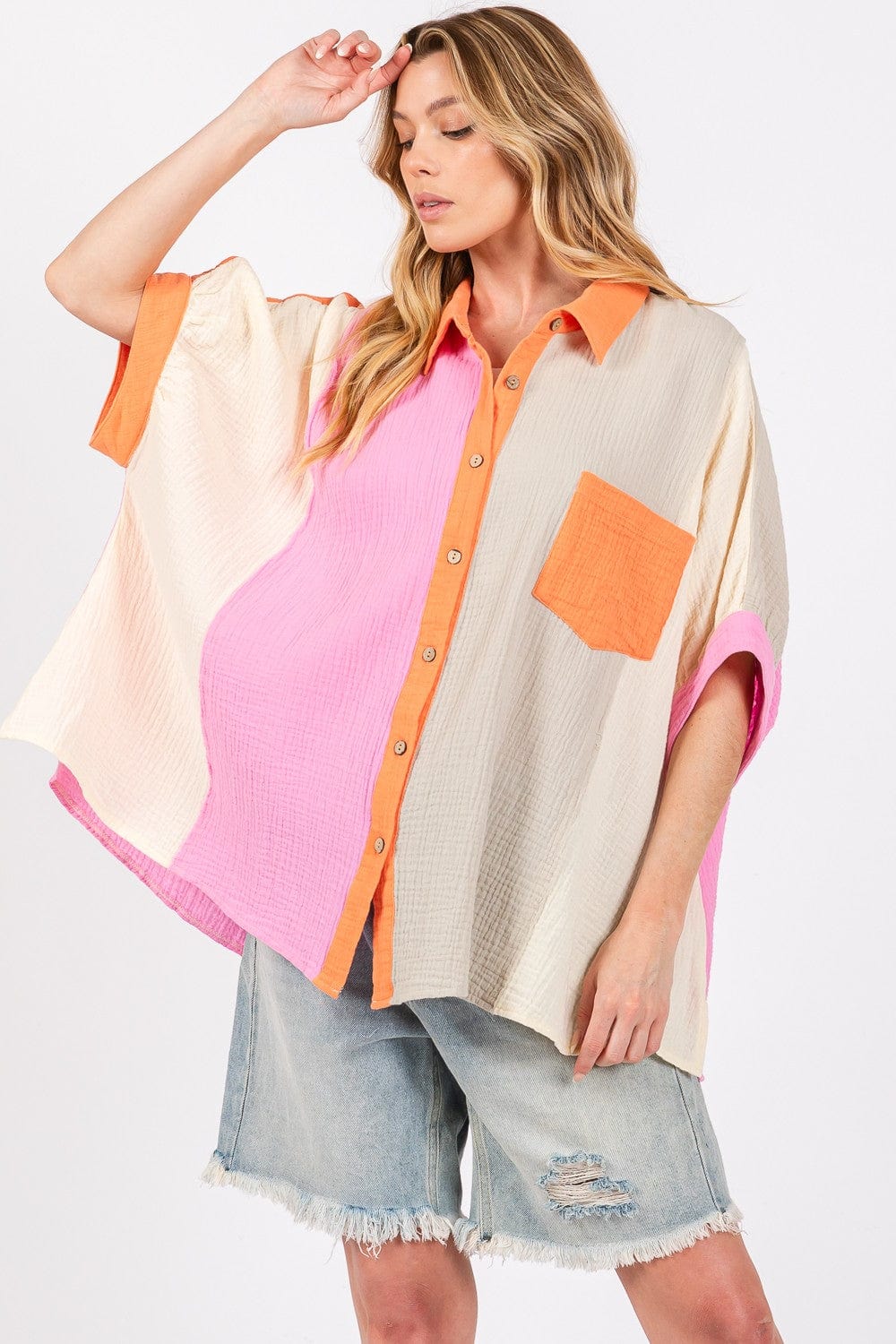 SAGE + FIG Full Size Color Block Button-Down Shirt - Trendsi