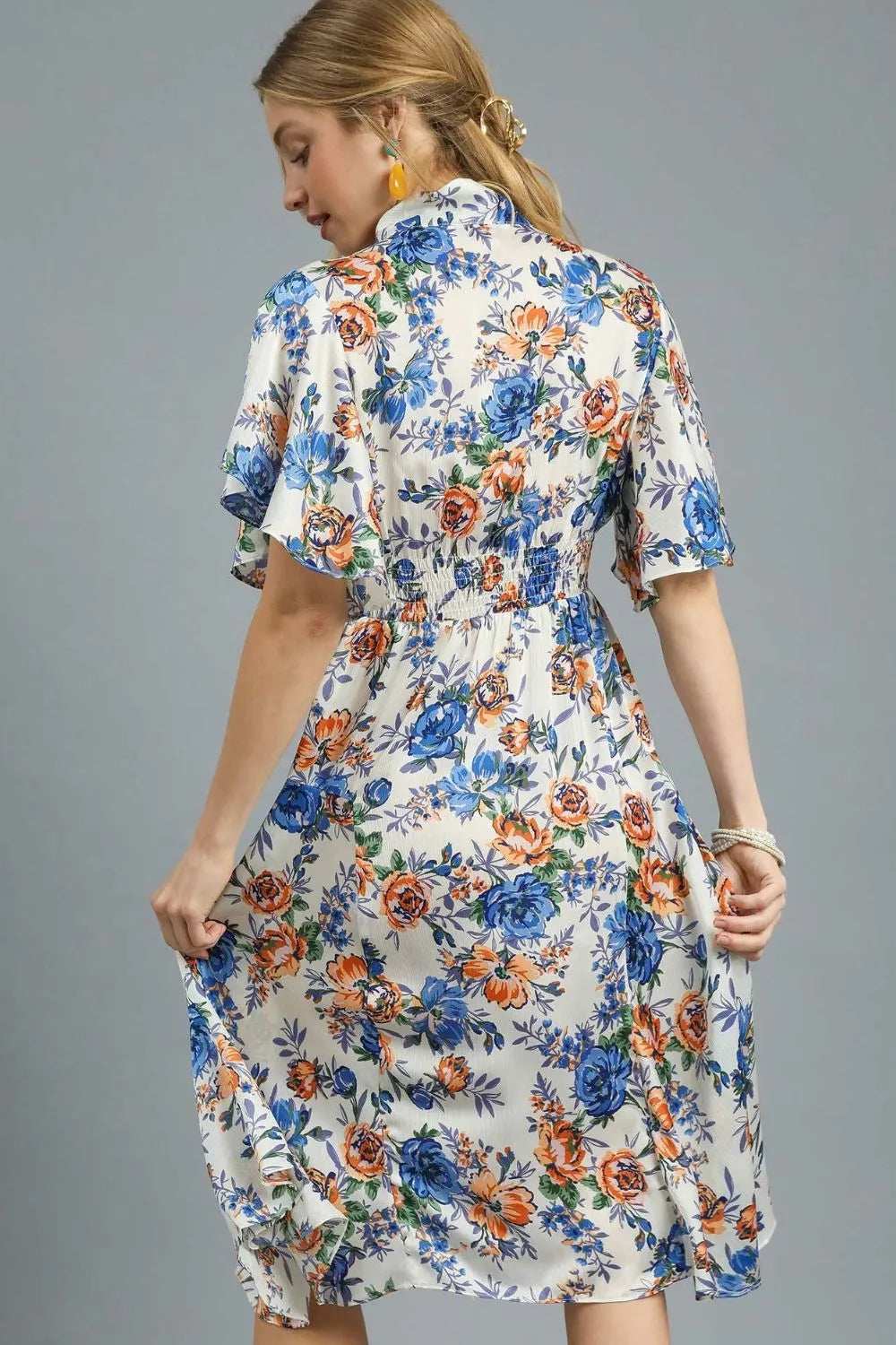 Umgee Floral Print Flutter Sleeve Dress - Trendsi - Flyclothing LLC