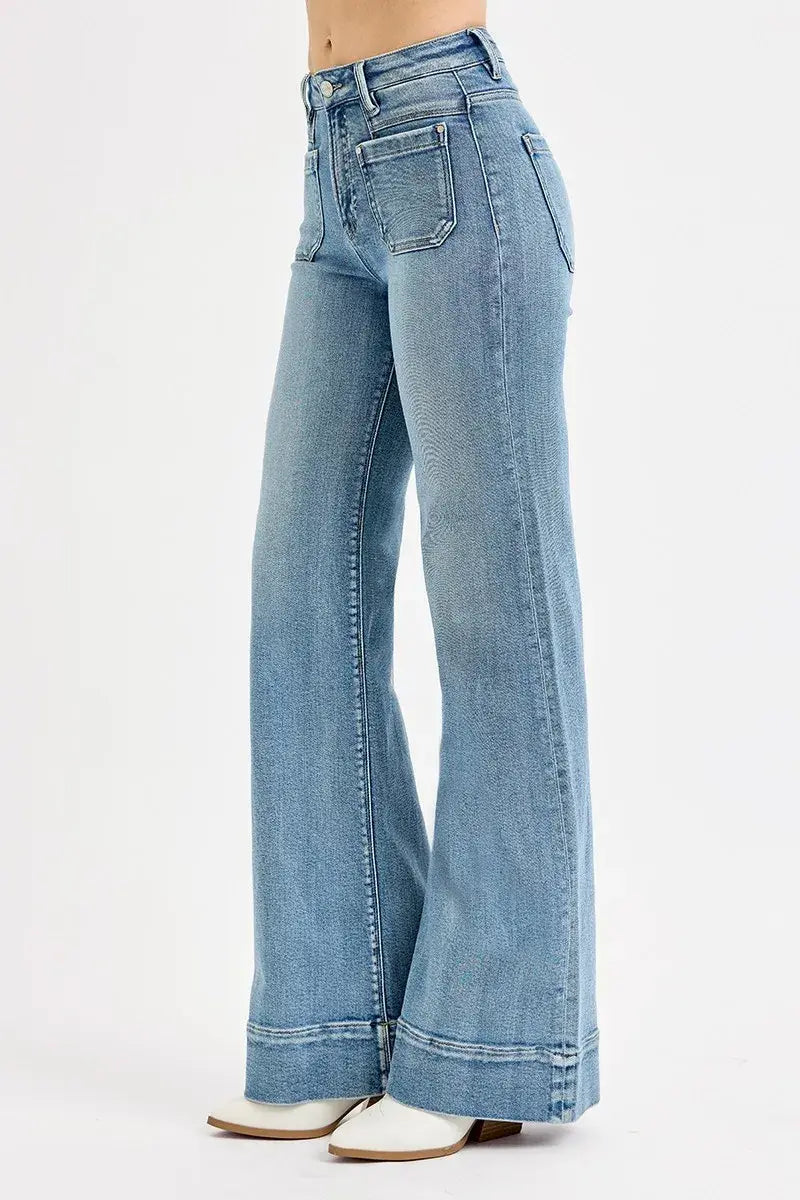RISEN Full Size High Rise Wide Flare Patch Pocket Jeans Plus Size - Trendsi - Flyclothing LLC
