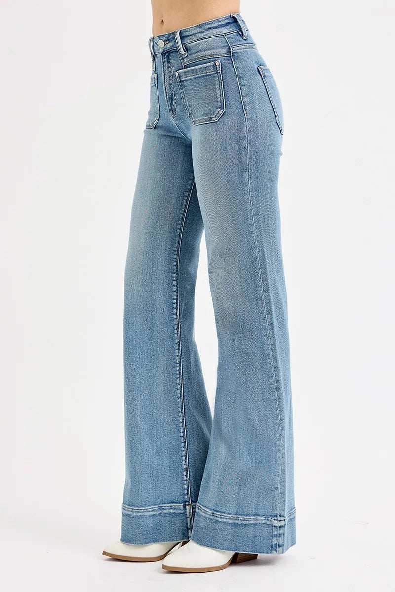 RISEN Full Size High Rise Wide Flare Patch Pocket Jeans Plus Size - Trendsi - Flyclothing LLC