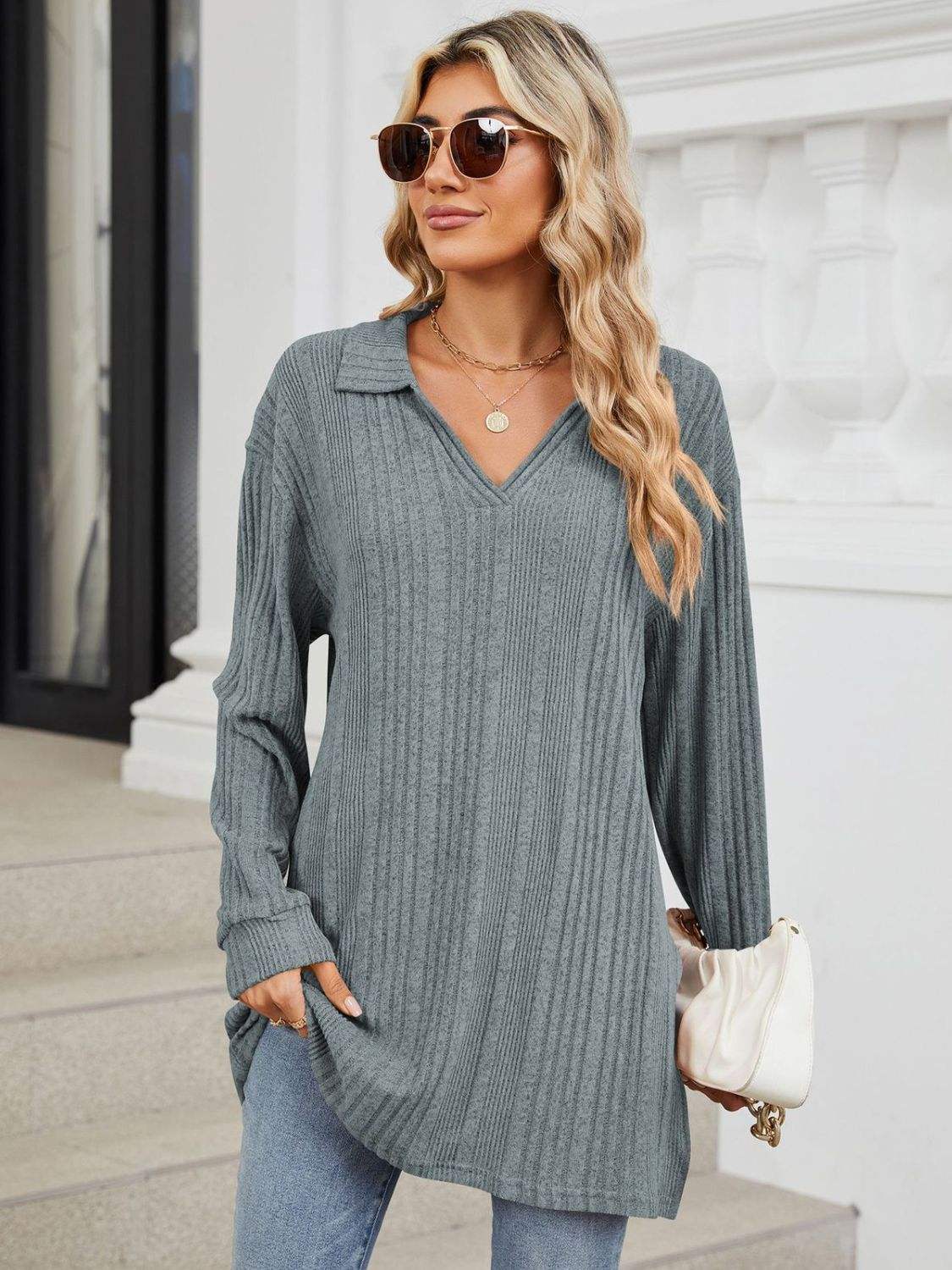 Slit Johnny Collar Long Sleeve T-Shirt - Trendsi - Flyclothing LLC