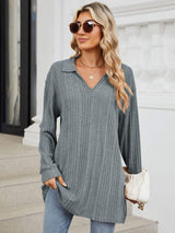 Slit Johnny Collar Long Sleeve T-Shirt - Trendsi - Flyclothing LLC