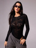 Round Neck Long Sleeve Lace Bodysuit - Trendsi