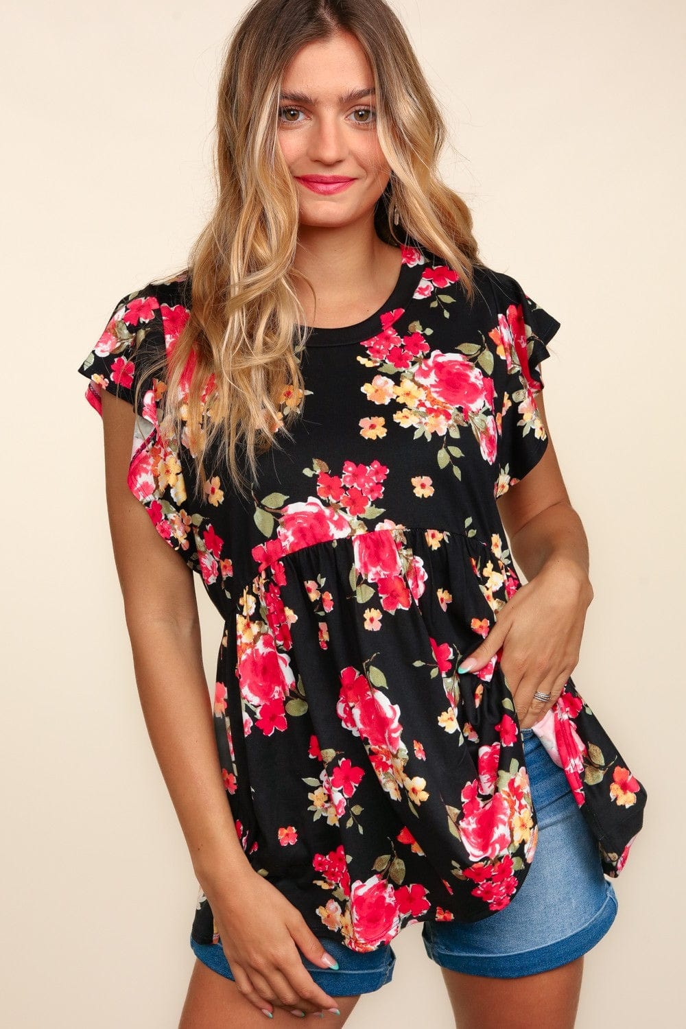 Haptics Floral Ruffle Short Sleeve Babydoll Top - Trendsi