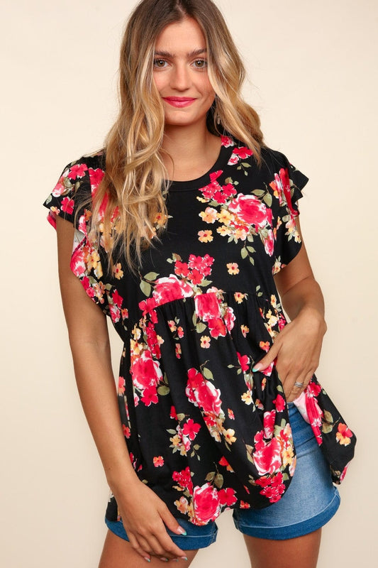 Haptics Floral Ruffle Short Sleeve Babydoll Top - Trendsi
