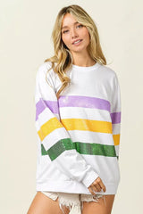 BiBi Sequin Mardi Gras Striped Round Neck Sweatshirt - Trendsi - Flyclothing LLC