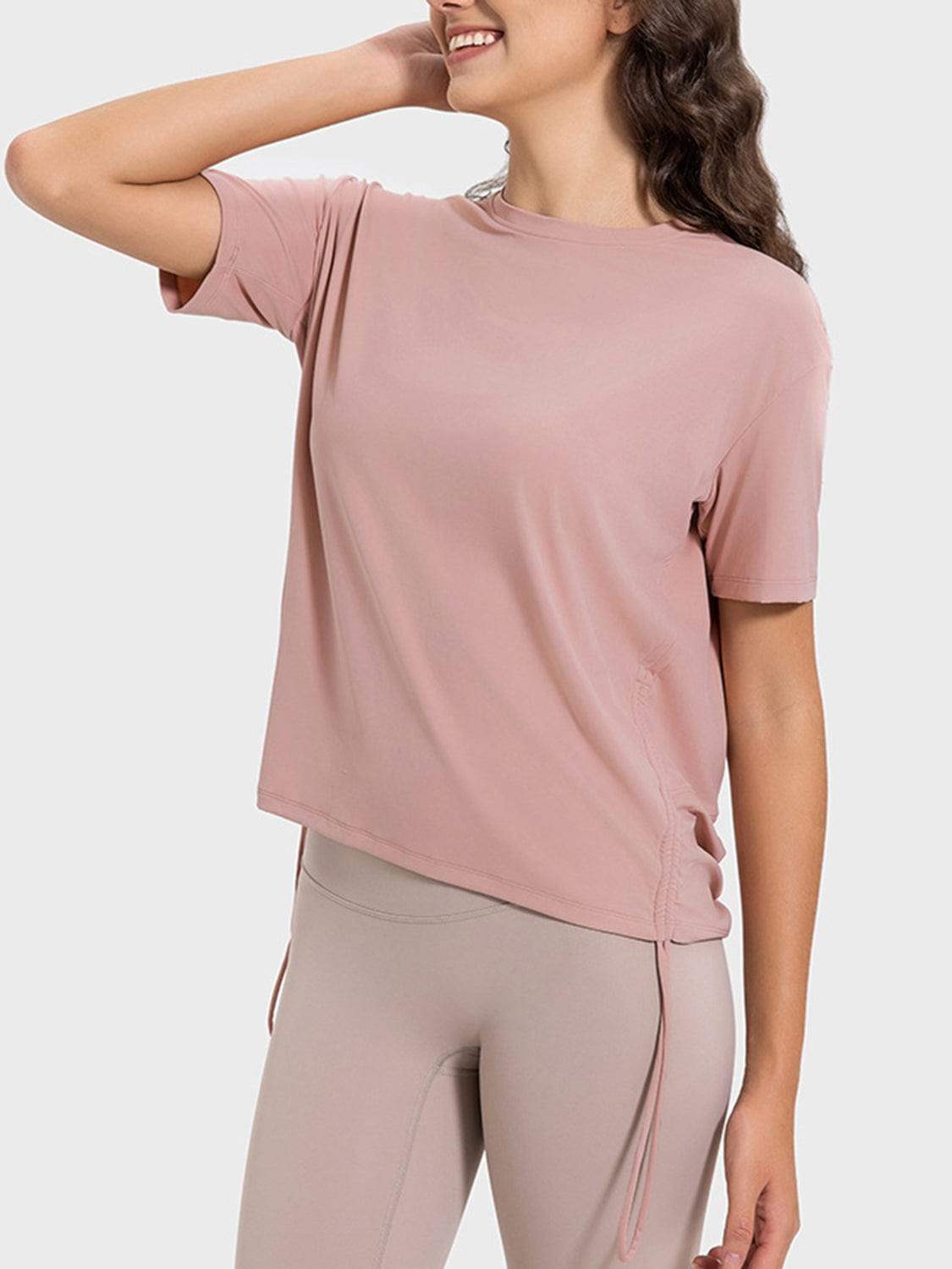 Drawstring Round Neck Short Sleeve Active T-Shirt - Trendsi - Flyclothing LLC