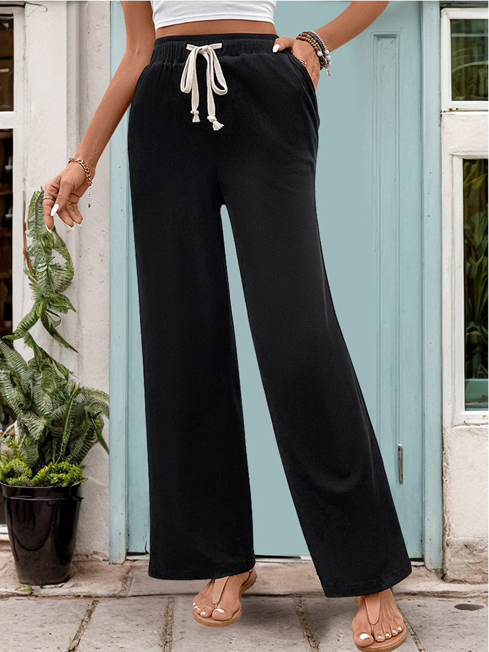 Drawstring High Waist Straight Pants - Trendsi