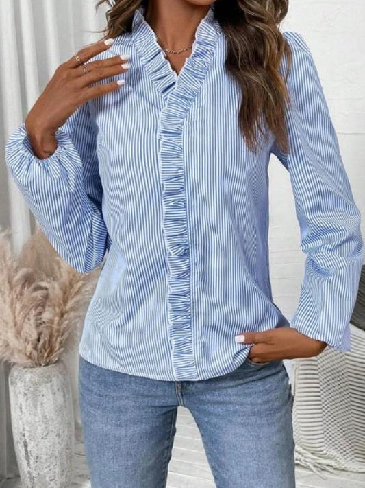 Frill Striped V-Neck Long Sleeve Blouse - Trendsi