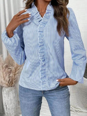 Frill Striped V-Neck Long Sleeve Blouse - Trendsi