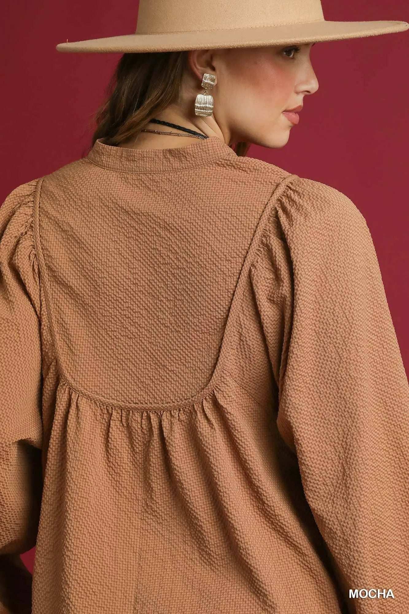 Umgee Textured Notched Blouse with Balloon Sleeves - Trendsi - Flyclothing LLC