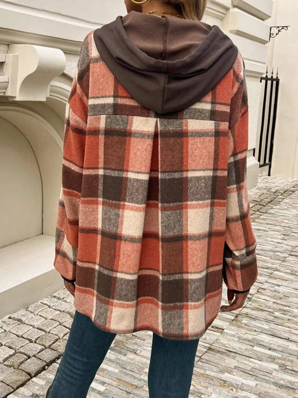 Devine Drawstring Plaid Long Sleeve Hoodie - Trendsi - Flyclothing LLC