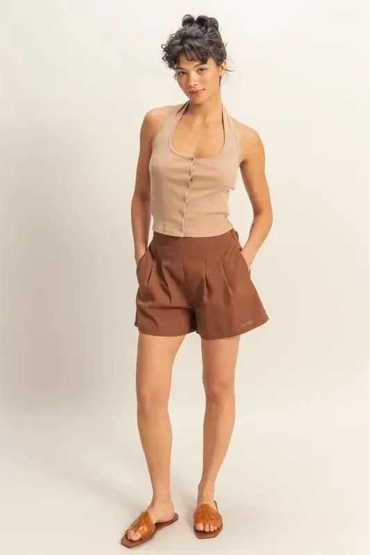 HYFVE Halter Neck Buttoned Washed Top - Trendsi - Flyclothing LLC