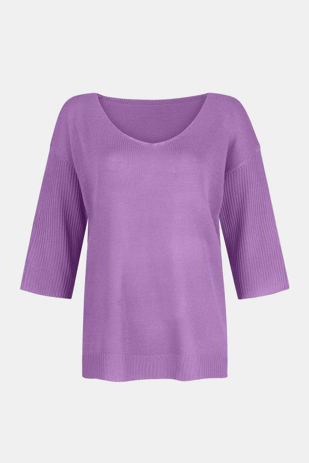 V-Neck Three-Quarter Sleeve Knit Top - Trendsi - Flyclothing LLC